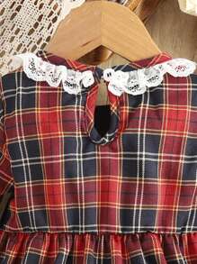 女嬰格子呢圖案蕾絲拼接荷葉袖連衣裙 - 彩色 - 查看 4