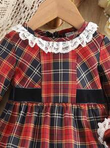 女嬰格子呢圖案蕾絲拼接荷葉袖連衣裙 - 彩色 - 查看 5