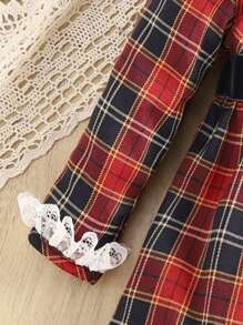 女嬰格子呢圖案蕾絲拼接荷葉袖連衣裙 - 彩色 - 查看 6