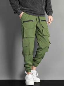 Manfinity EMRG 男士翻蓋口袋腰部抽繩工裝褲 - 橄欖綠 - 查看 1