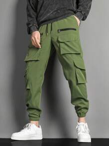 Manfinity EMRG 男士翻蓋口袋腰部抽繩工裝褲 - 橄欖綠 - 查看 5