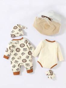 SHEIN 男嬰6入組動物印花撞色滾邊連體衣和連身褲和帽和手套和包禮品套裝 - 杏色 - 查看 2