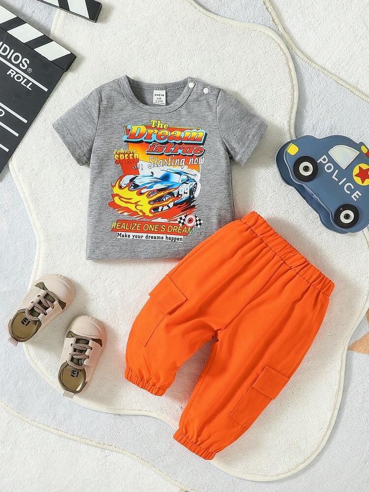 Baby Girl Car & Letter Graphic Tee & Flap Pocket Pants