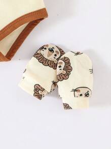 SHEIN 男嬰6入組動物印花撞色滾邊連體衣和連身褲和帽和手套和包禮品套裝 - 杏色 - 查看 3