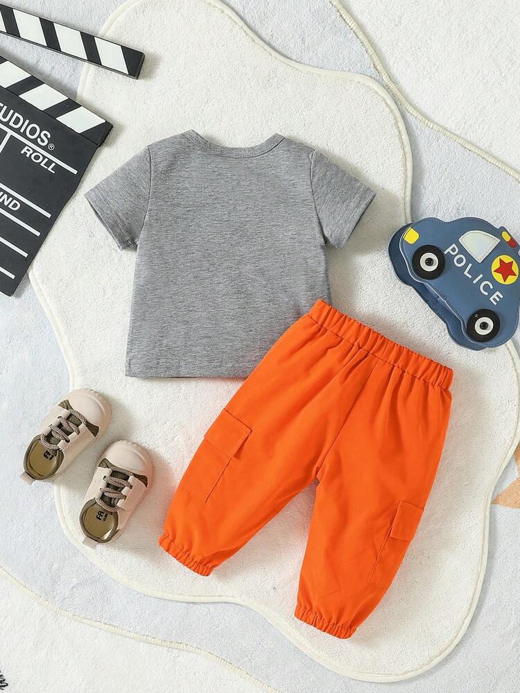 Baby Girl Car & Letter Graphic Tee & Flap Pocket Pants