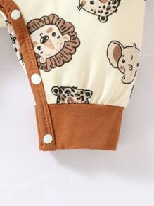 SHEIN 男嬰6入組動物印花撞色滾邊連體衣和連身褲和帽和手套和包禮品套裝 - 杏色 - 查看 5