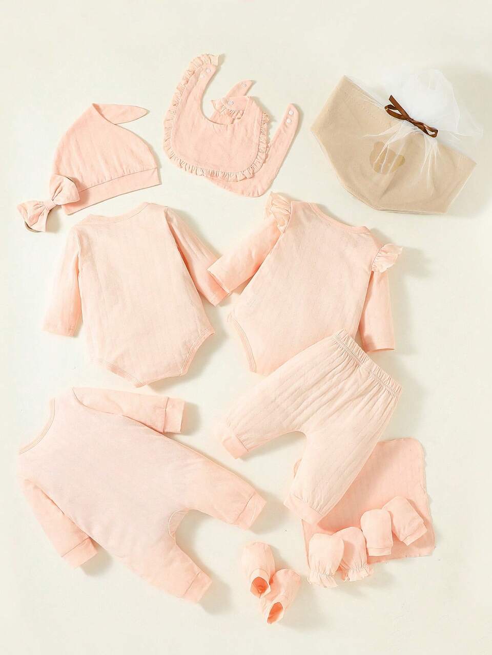 Baby Girl Solid Ruffle Trim Bodysuit & Jumpsuit & Pants & Hat & Gloves Gift Set