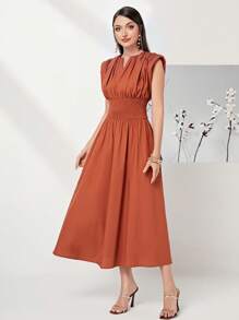 Modelyn 棉缺口領墊肩洋裝 - 鏽棕色 - 查看 3