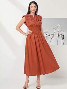 Modelyn 棉缺口領墊肩洋裝 - 鏽棕色 - 查看 5