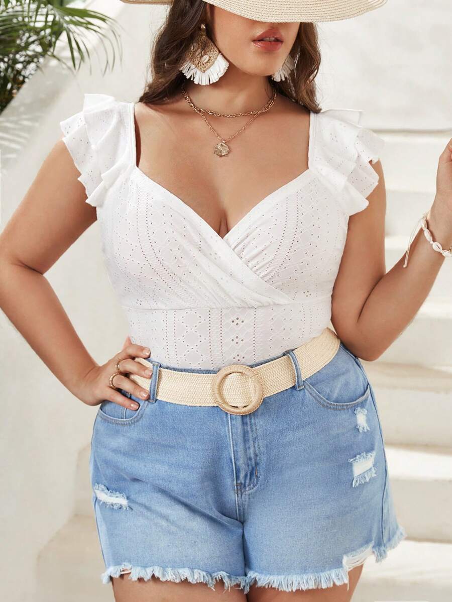 SHEIN VCAY Plus Eyelet Embroidery Ruffle Trim Sweetheart Neck Bodysuit - White - View 1