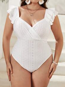 SHEIN VCAY Hơn Lỗ gắn thêu Viền Ruffle Cổ Trái tim Áo liền quần chặt - trắng - Xem 6