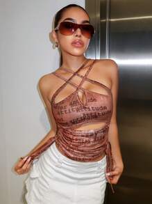 SHEIN ICON 字母圖案側抽繩掛脖上衣 - 藕粉色 - 查看 3