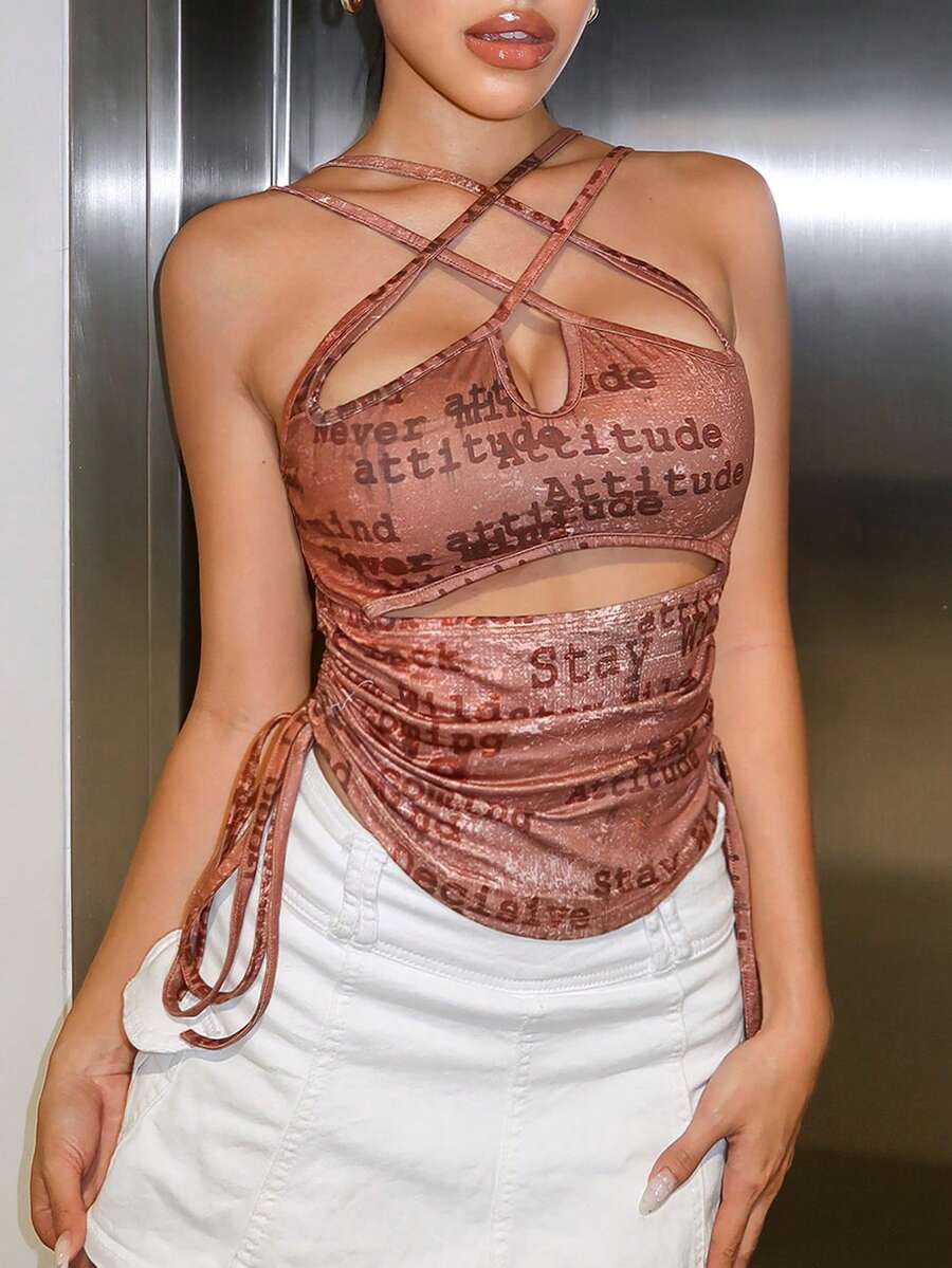 SHEIN ICON 字母圖案側抽繩掛脖上衣 - 藕粉色 - 查看 1