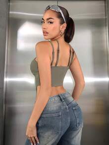 SHEIN ICON Chất rắn Viền không đối xứng Cami ngọn - xanh quân đội - Xem 3