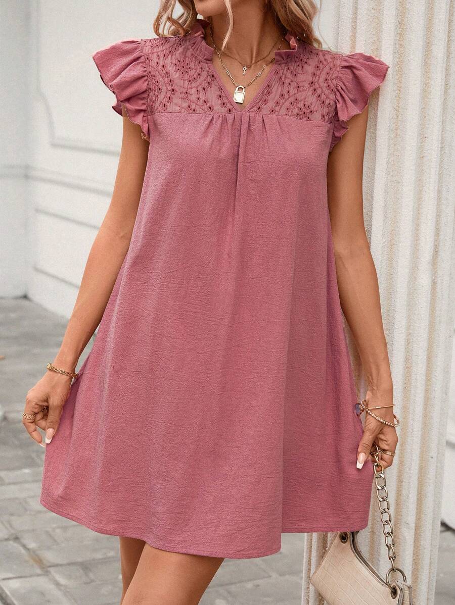 SHEIN LUNE 網眼刺繡荷葉邊直筒洋裝 - 紅木色 - 查看 1