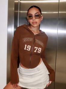 SHEIN ICON 字母圖案拉鏈開襟連帽短夾克 - 棕色 - 查看 3