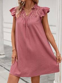 SHEIN LUNE 網眼刺繡荷葉邊直筒洋裝 - 紅木色 - 查看 3