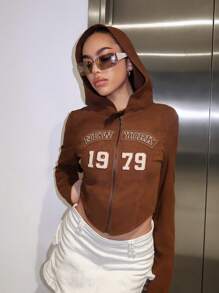SHEIN ICON 字母圖案拉鏈開襟連帽短夾克 - 棕色 - 查看 4