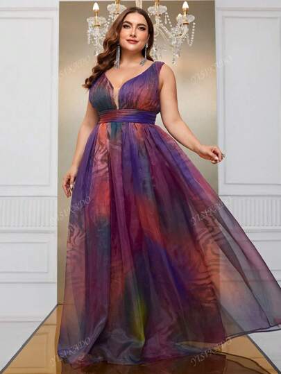 YISIKADO Plus Plunging Neck Mesh Overlay Party Dress | SHEIN EUR