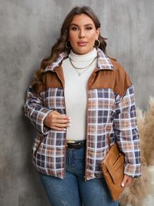 SHEIN LUNE Plus Size 1pc Plaid Print Drop Shoulder Zipper Padded Coat - Multicolor - View 6