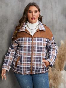 SHEIN LUNE Plus Size 1pc Plaid Print Drop Shoulder Zipper Padded Coat - Multicolor - View 2