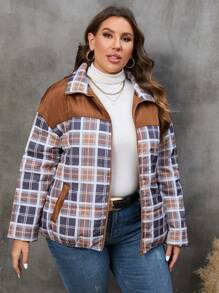 SHEIN LUNE Plus Size 1pc Plaid Print Drop Shoulder Zipper Padded Coat - Multicolor - View 7