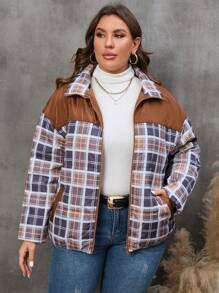 SHEIN LUNE Plus Size 1pc Plaid Print Drop Shoulder Zipper Padded Coat - Multicolor - View 4