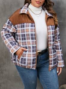 SHEIN LUNE Plus Size 1pc Plaid Print Drop Shoulder Zipper Padded Coat - Multicolor - View 3