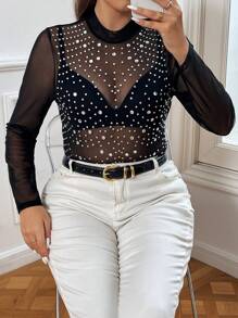 SHEIN Privé Talla grande Top con diseño de diamante de imitación de malla transparente sin sujetador