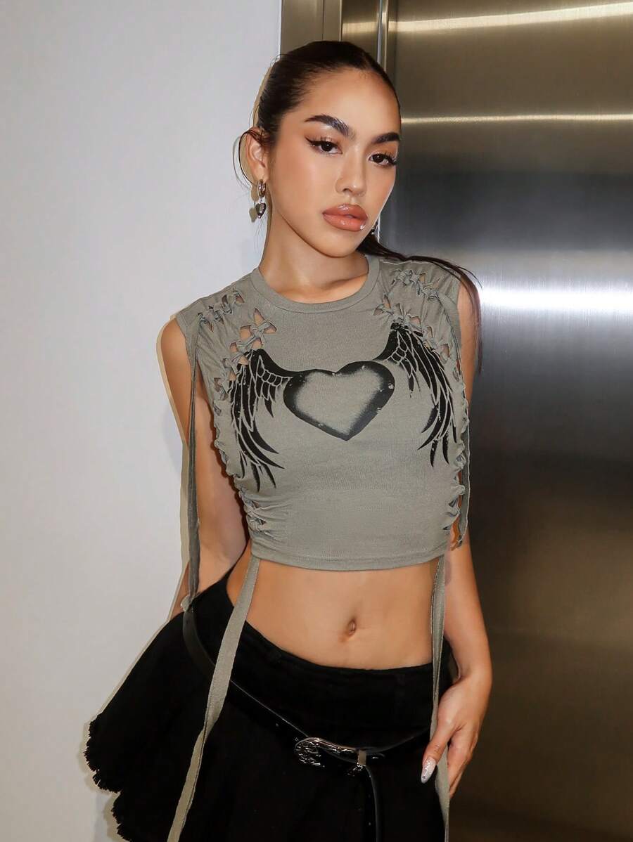 SHEIN ICON 心&翅膀印花前鏤空背心上衣 - 灰色 - 查看 1