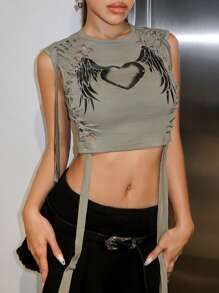 SHEIN ICON 心&翅膀印花前鏤空背心上衣 - 灰色 - 查看 3