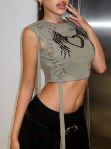 SHEIN ICON 心&翅膀印花前鏤空背心上衣 - 灰色 - 查看 4