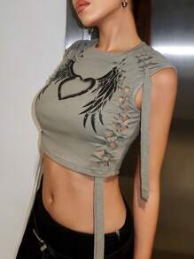 SHEIN ICON 心&翅膀印花前鏤空背心上衣 - 灰色 - 查看 5