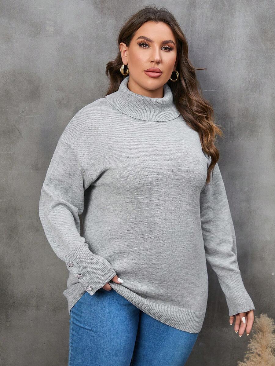 SHEIN LUNE Hơn Áo cao cổ Thả vai Áo len - Xám - Xem 1