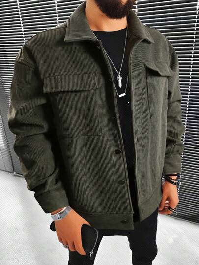 Manfinity Homme Loose Men's Flap Pocket Drop Shoulder Thermal Lined Corduroy Jacket, Going Out Long Sleeve Casual Light Jacket, For Friends, Husband, Boyfriend Gifts, Old Money, For Fall Winter