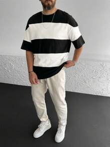 Manfinity Homme Camiseta informal de hombres con bloqueo de color y hombros caídos - Blanco y Negro - Ver 1