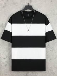 Manfinity Homme Camiseta informal de hombres con bloqueo de color y hombros caídos - Blanco y Negro - Ver 2