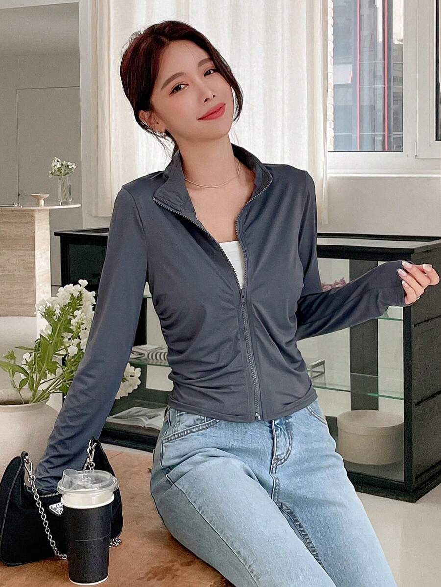 Chất rắn Dây kéo Xù Áo khoác - Xám - Xem 1