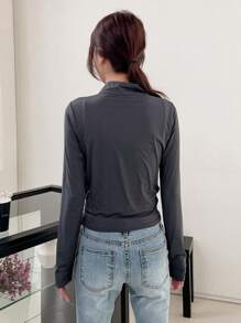 Chất rắn Dây kéo Xù Áo khoác - Xám - Xem 2