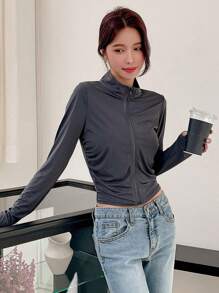 Chất rắn Dây kéo Xù Áo khoác - Xám - Xem 6