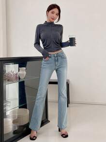 Chất rắn Dây kéo Xù Áo khoác - Xám - Xem 7