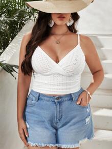 SHEIN VCAY Plus Eyelet Embroidery Cami Summer Top - White - View 1