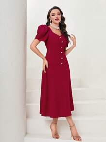 Modelyn 雞心領口泡泡袖前紐扣連衣裙 - 酒紅色 - 查看 4