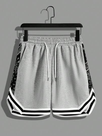 Manfinity Campus Court Aesthetic Post--Men Plus Paisley Print Striped Trim Drawstring Waist Shorts
