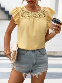 SHEIN LUNE 拼接水溶蕾絲荷葉邊襯衫 - 黃色 - 查看 6