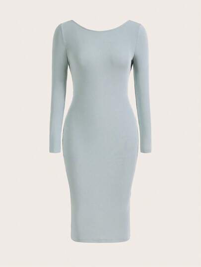 SHEIN BASICS Solid Rib-knit Bodycon Dress