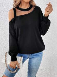 SHEIN Essnce Lưới tương phản Thả vai Áo nỉ - màu đen - Xem 4