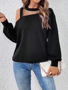 SHEIN Essnce Lưới tương phản Thả vai Áo nỉ - màu đen - Xem 3