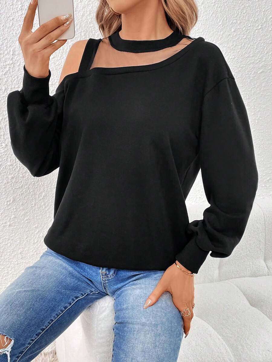 SHEIN Essnce Lưới tương phản Thả vai Áo nỉ - màu đen - Xem 1