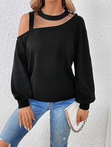 SHEIN Essnce Lưới tương phản Thả vai Áo nỉ - màu đen - Xem 6